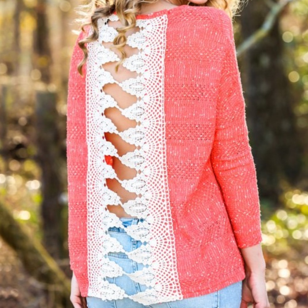 Coral Crochet Back Sweater